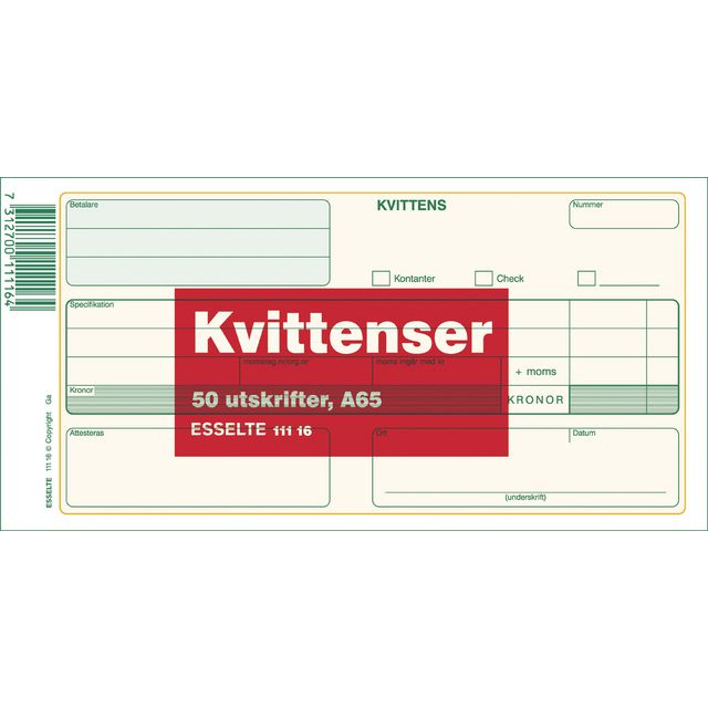Blankett kvittens A65 50 blad (10 pack)