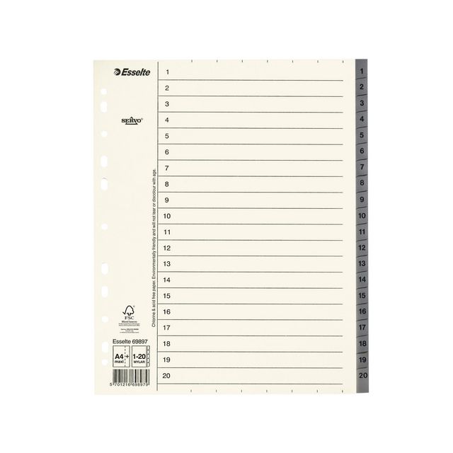 Pappregister Servo System A4+ 1-20 grå (10 pack)
