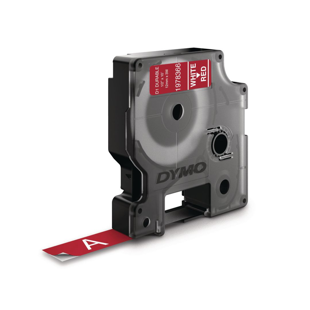 Tape Dymo Durable D1 12mm vit på röd