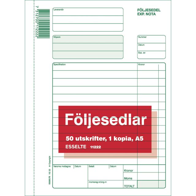 Blankett följesedel A5 2x50 bl. onum. (5 pack)
