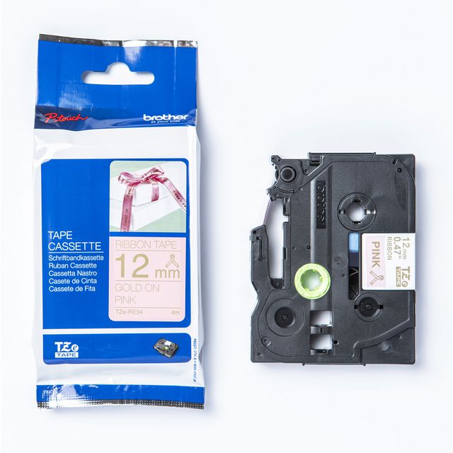 Tape BROTHER TZERE34 12mm Guld på Rosa