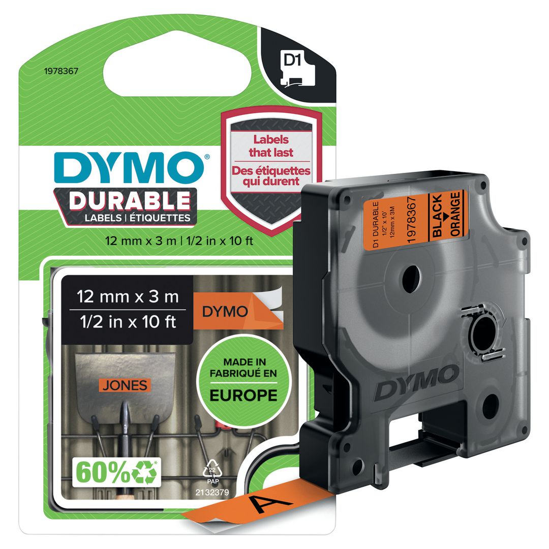 Tape Dymo Durable D1 12mm svart på ora.