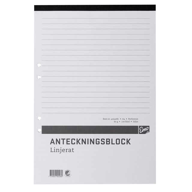 Anteckningsblock A4 100bl hål perf linj (5 pack)