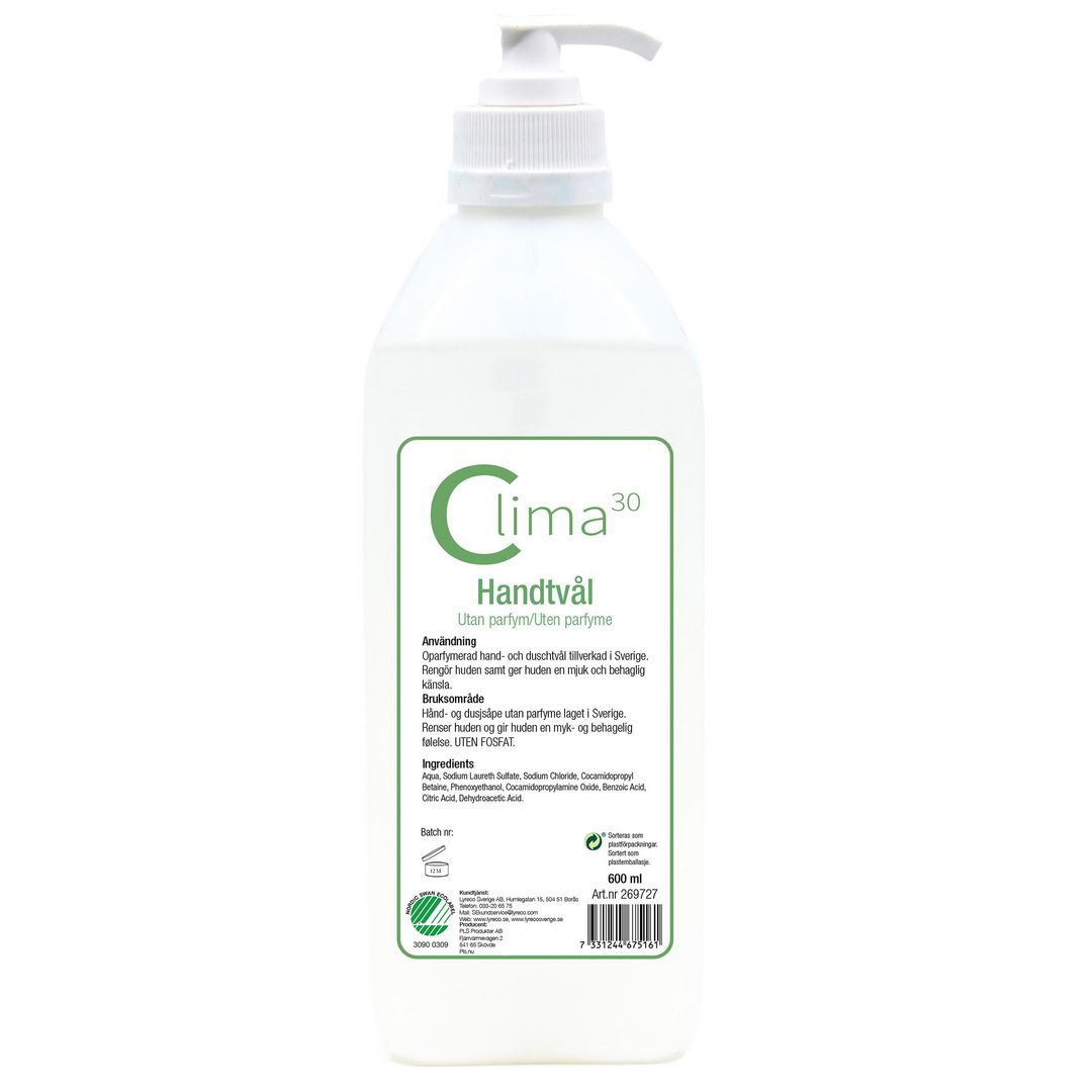 Tvål CLIMA30 med pump oparfym. 600ml
