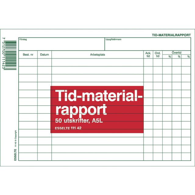 Blankett tid- och materialrapport A5L (10 pack)