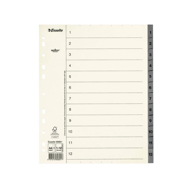 Pappregister Servo System A4+ 1-12 grå (10 pack)