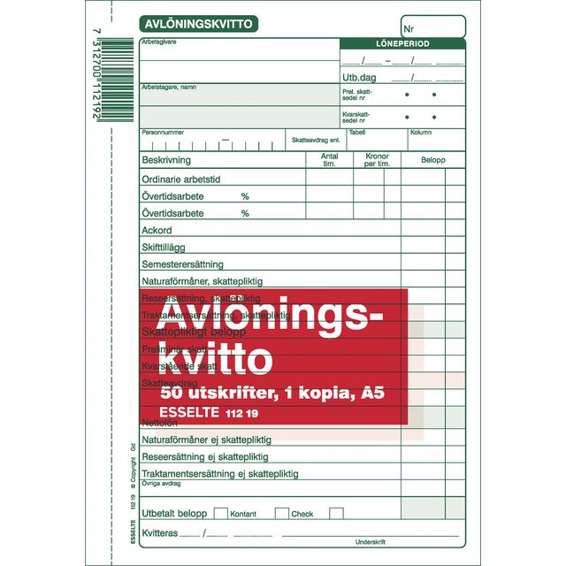 Blankett avlöningskvitto A5 50 bl mkopia (5 pack)
