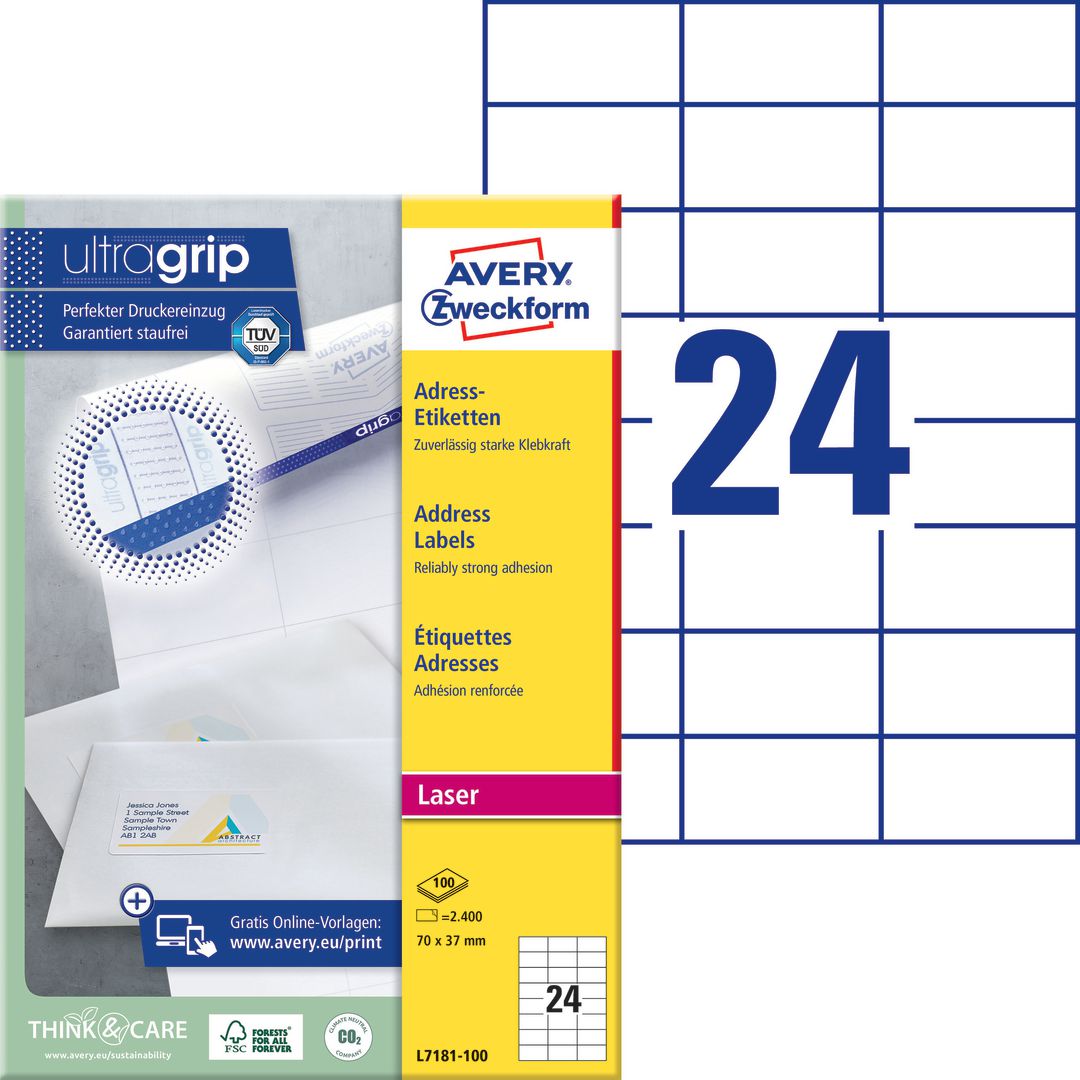Etikett AVERY Laser 70x37mm 2400/fp