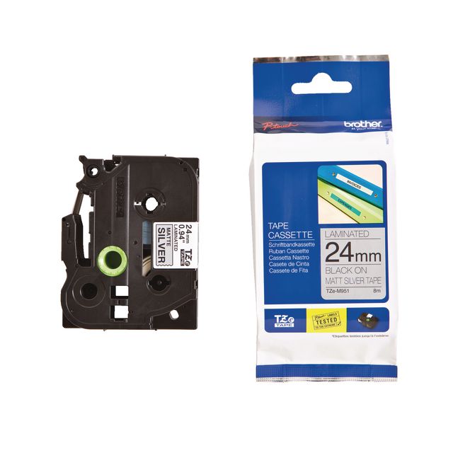 Tape BROTHER TZEM951 24mm Svart på Silv.