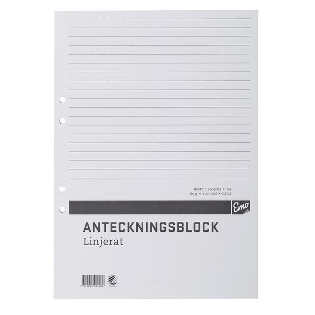 Anteckningsblock A4 100 blad hål TF linj (5 pack)