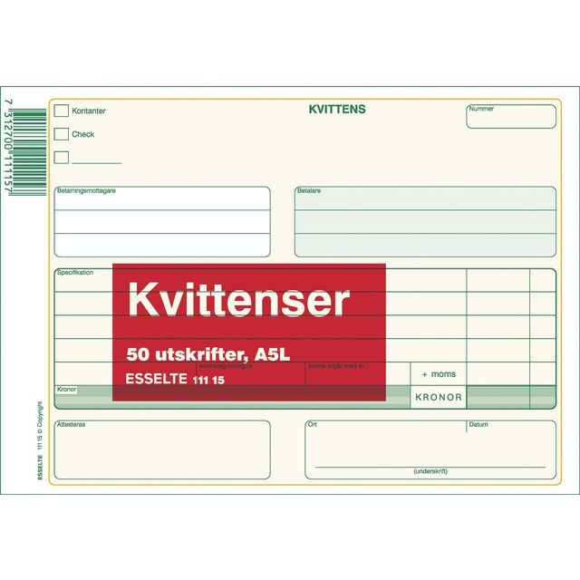 Blankett kvittens A5L 50 blad (10 pack)