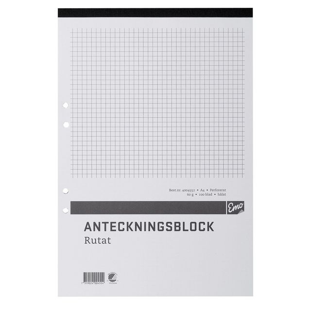Anteckningsblock A4 100bl hål perf rutat (5 pack)