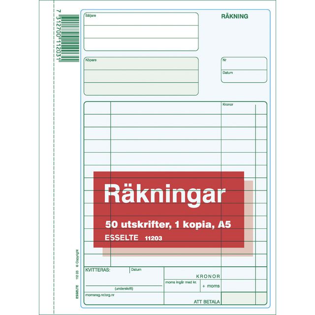 Blankett räkning med kopia A5 50 blad (5 pack)