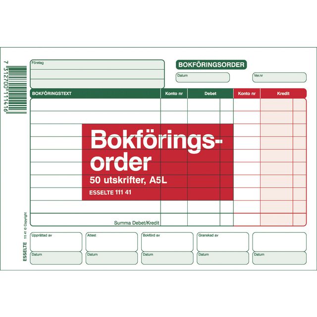Blankett bokföringsorder A5L 50 blad (10 pack)