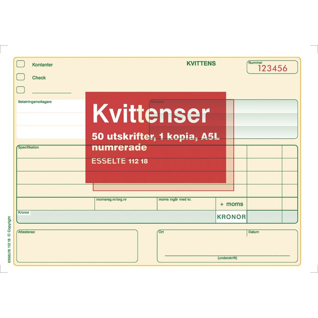 Blankett kvittens numrerad A5L 2x50 blad (5 pack)