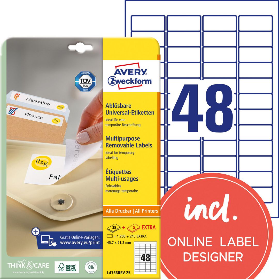 Etikett AVERY avtagb 45,7x21,2mm 1200/fp
