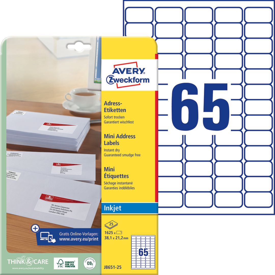 Etikett AVERY QD 38,1x21,2mm 1625/fp