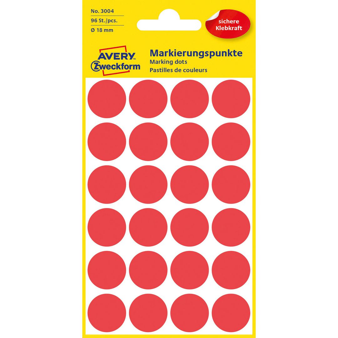 Färgkodningsprick AVERY Ø18mm röd 96/fp