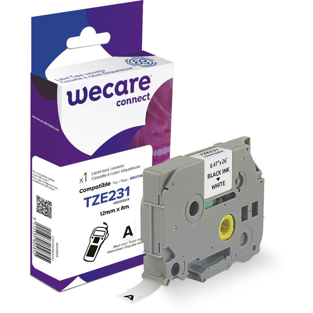 Tape Wecare 12mm TZe-231 svart på vit