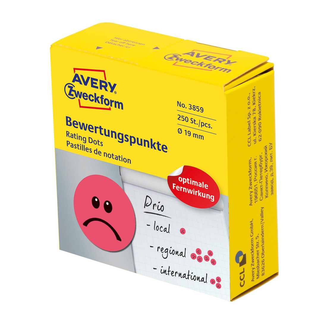 Etikett AVERY unhappy smiley röd 250/fp