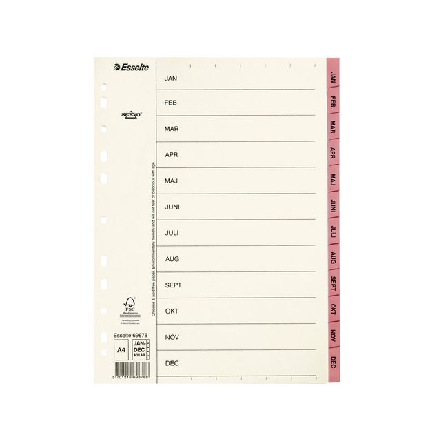 Pappregister Servo A4 Jan-Dec rosa flik (10 pack)