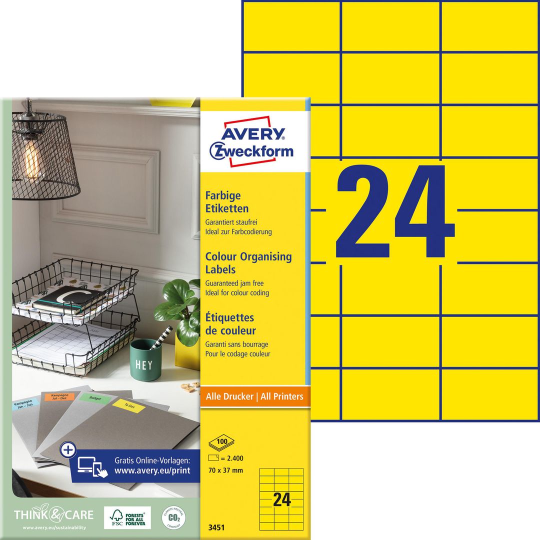 Etikett AVERY gul 70x37mm 2400/fp