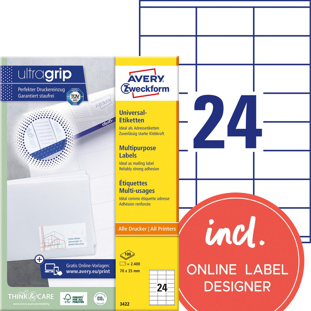 Etikett AVERY UG 70x35mm 2400/fp