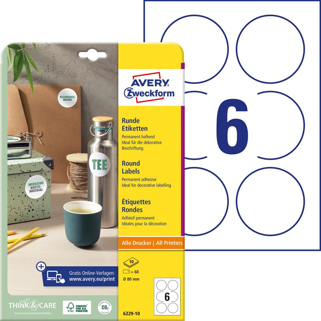 Etikett AVERY papper Ø80mm vit 60/fp