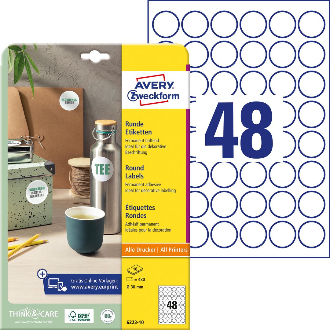 Etikett AVERY papper Ø30mm vit 480/fp