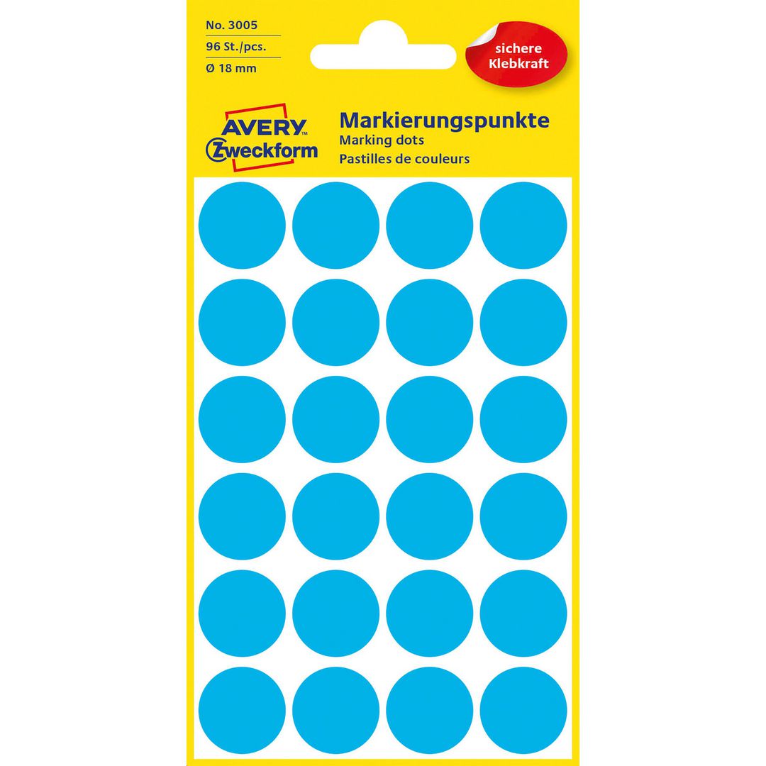 Färgkodningsprick AVERY Ø18mm blå 96/fp (10 pack)