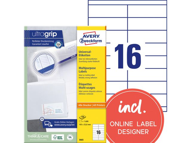 Etikett AVERY Ultragr 105x33,8mm 1600/fp